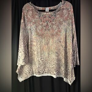 Time and Tru Paisley Leopard Print Accented Rhinestones Blouse - Cream and Brown
